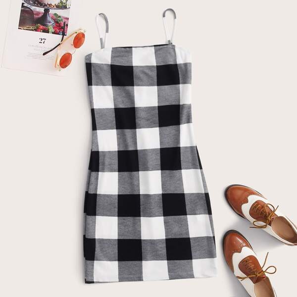 

Zipper Back Gingham Slip Dress, Black and white