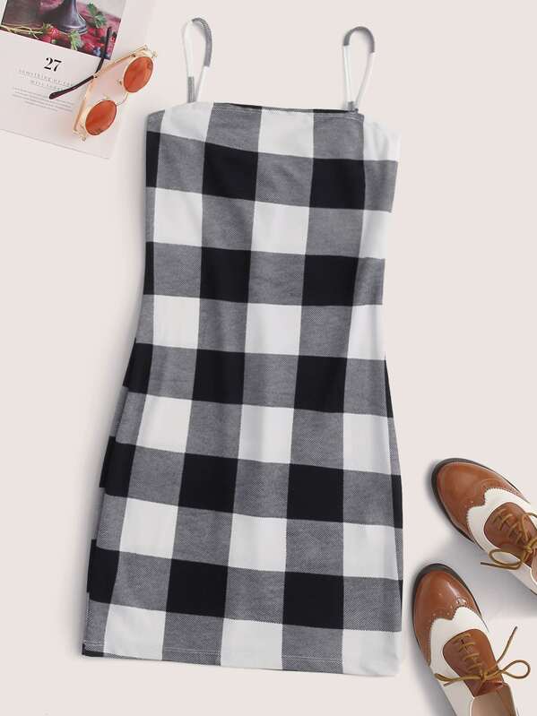 

Zipper Back Gingham Slip Dress, Black and white, Andy
