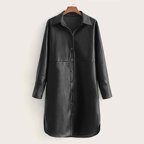

Button Up Split Side Faux Leather Coat, Black