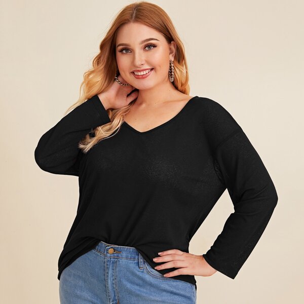 

Plus V-neck Drop Shoulder Solid Top, Black