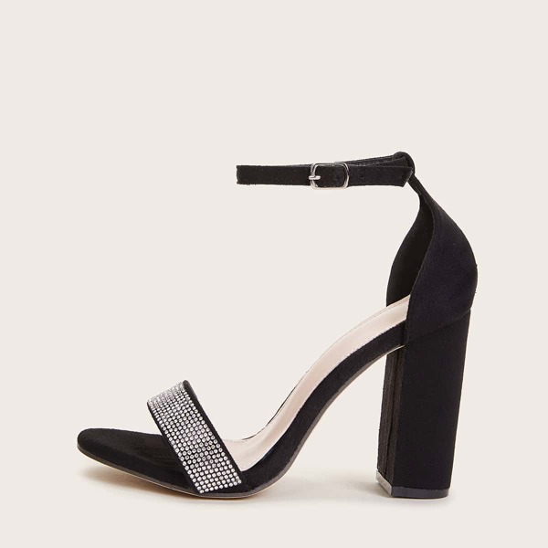 

Rhinestone Decor Ankle Strap Chunky Heels, Black