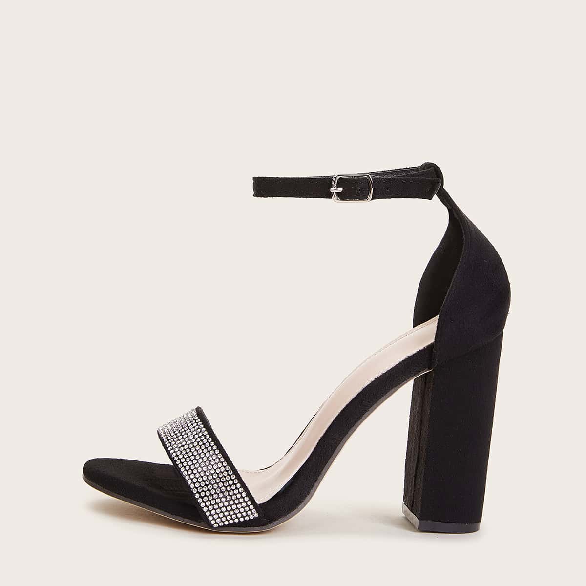 

Rhinestone Decor Ankle Strap Chunky Heels, Black