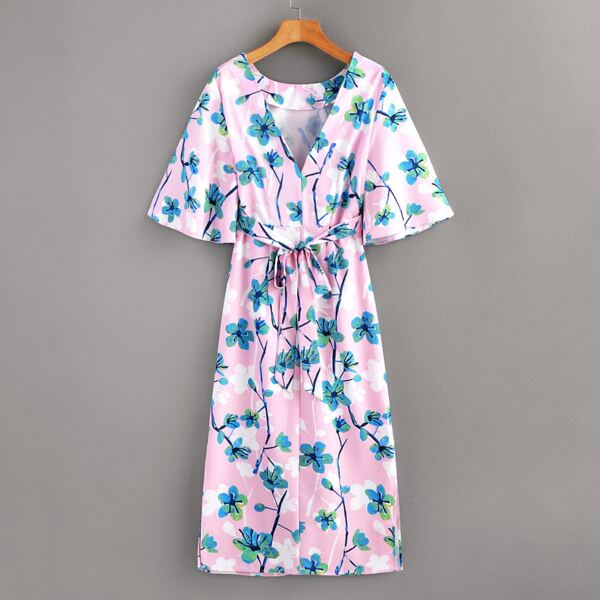 

V-neck Floral Print Belted Dress, Multicolor