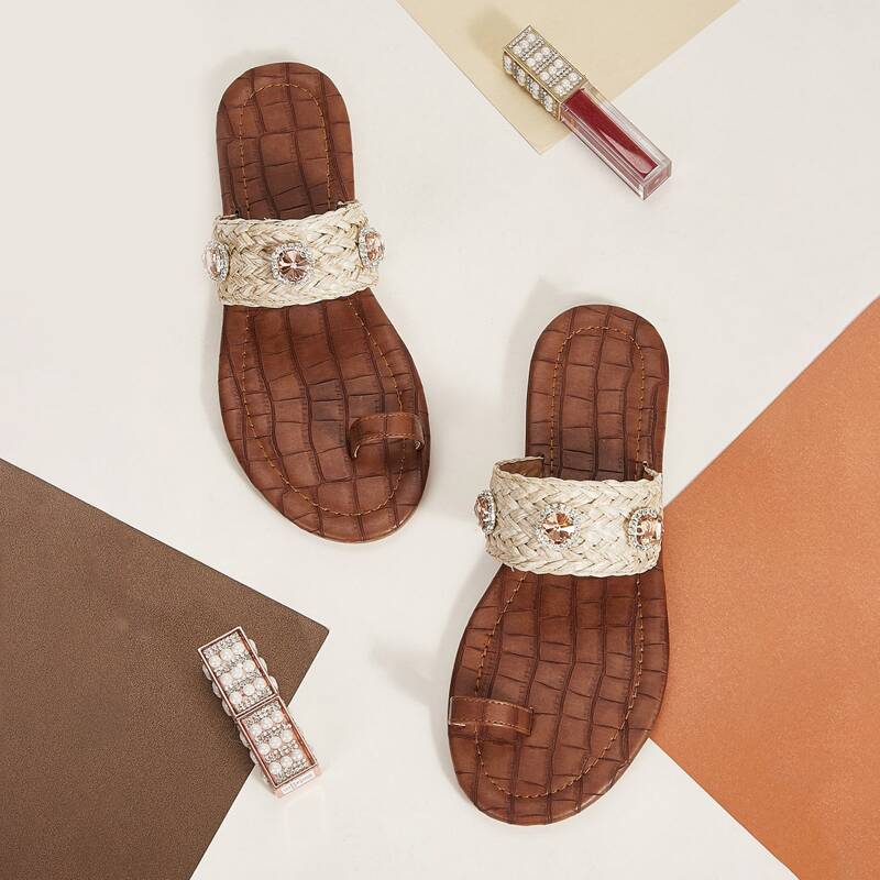 

Jewelled Decor Braided Toe Ring Sliders, Khaki