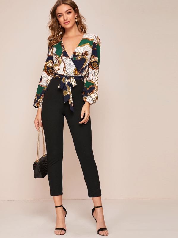 

Surplice Neck Scarf Print Belted Combo Jumpsuit, Multicolor, Luiza
