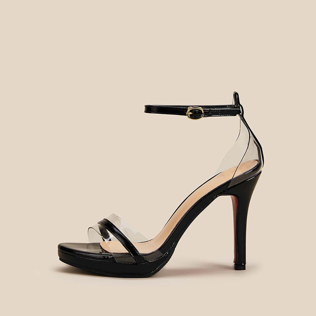 

Open Toe Ankle Strap Stiletto Heels, Black
