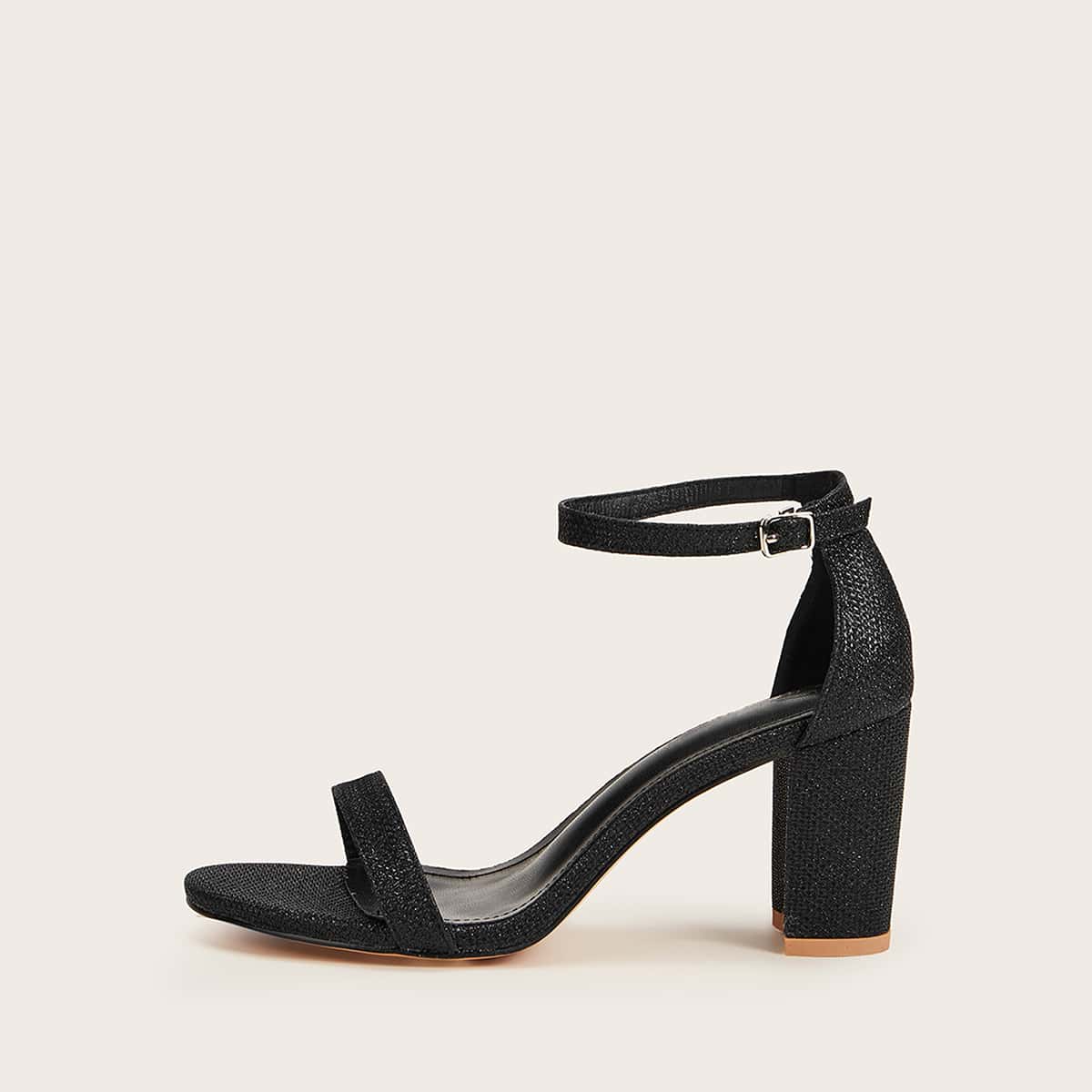 

Open Toe Ankle Strap Glitter Chunky Heels, Black