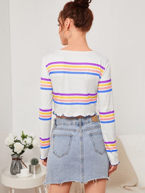 Camiseta corta ribete en forma de lechuga de rayas