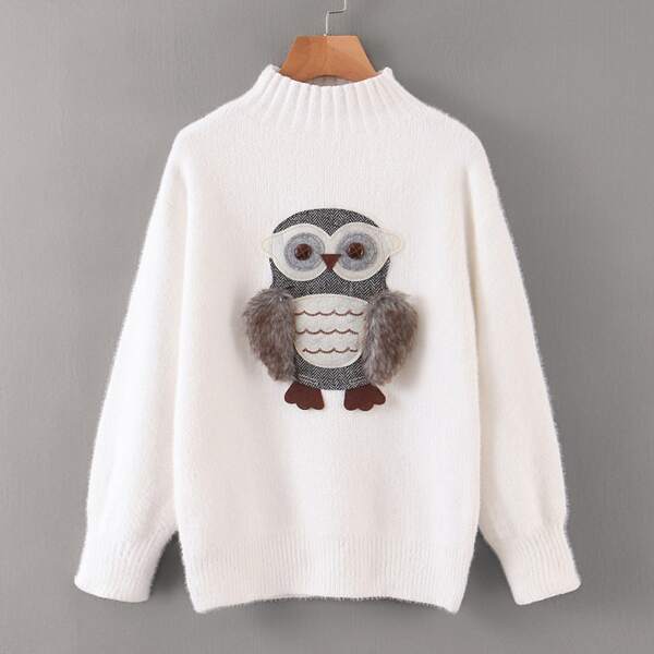 

Owl Applique Mock Neck Sweater, White