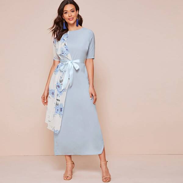 

Floral Print Belted Spliced Dress, Blue pastel