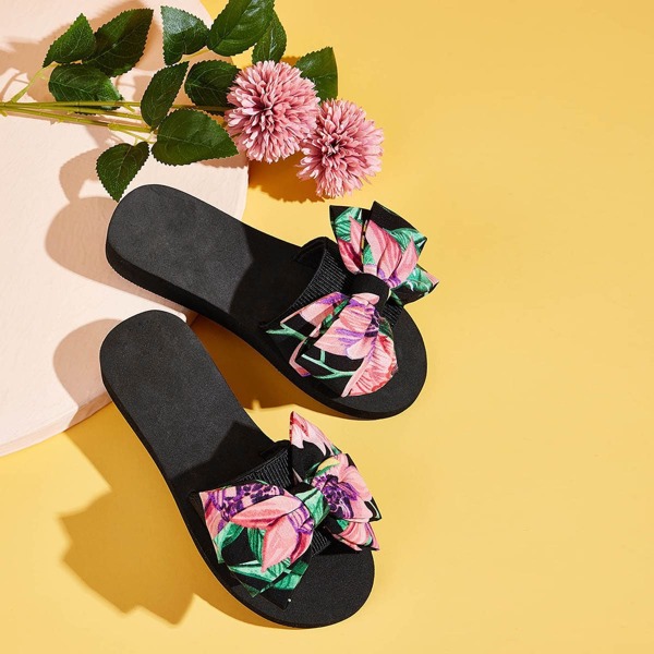 

Girls Bow Decor Open Toe Sliders, Multicolor