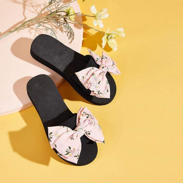 

Girls Floral Bow Decor Open Toe Sliders, Pink