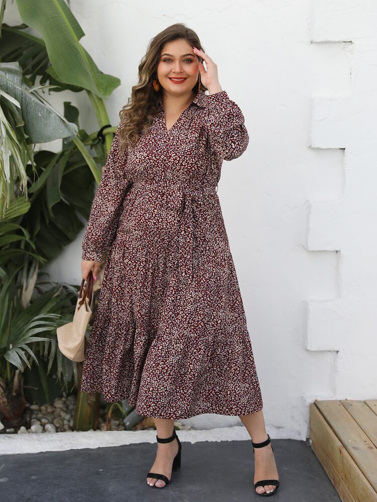 Plus Allover Print Belted Shirt Dress - Multicolor - View 4
