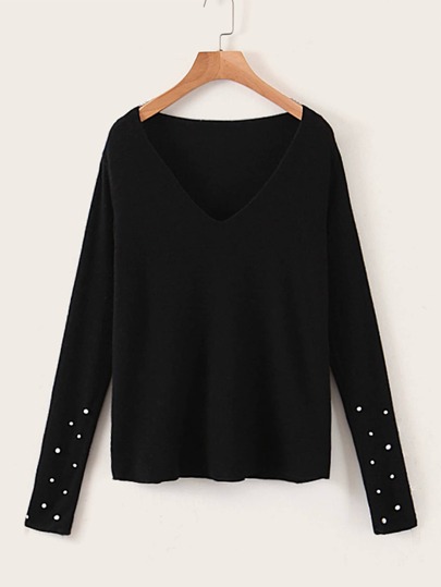 Drop Shoulder Pearls Beaded Solid Sweaters