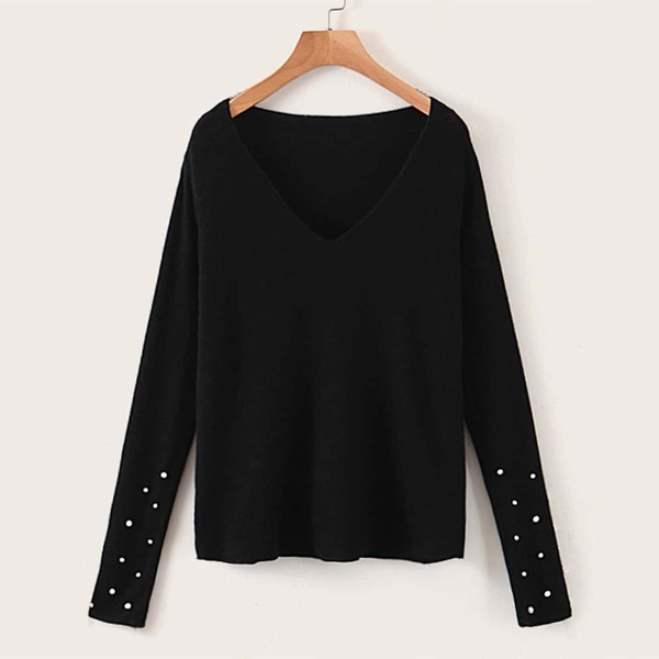 

Drop Shoulder Pearls Beaded Solid Sweaters, Black