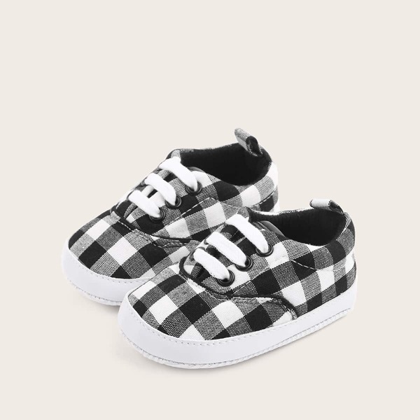 

Baby Boy Gingham Lace-up Front Decor Sneakers, Black and white