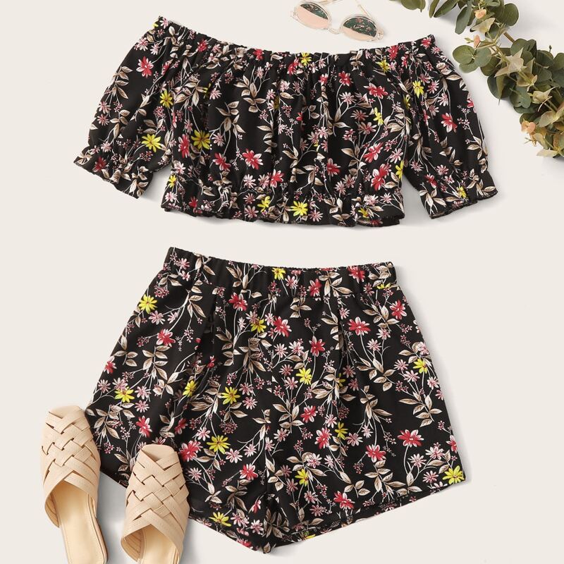 

Floral Print Bardot Blouse & Shorts, Multicolor