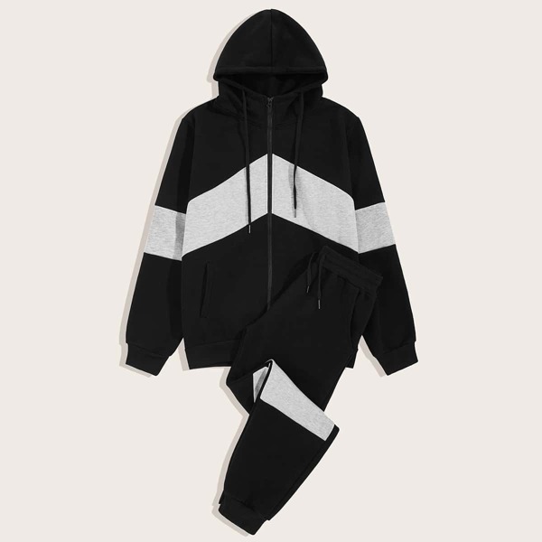 

Men Cut And Sew Drawstring Hoodie & Sweatpants, Black