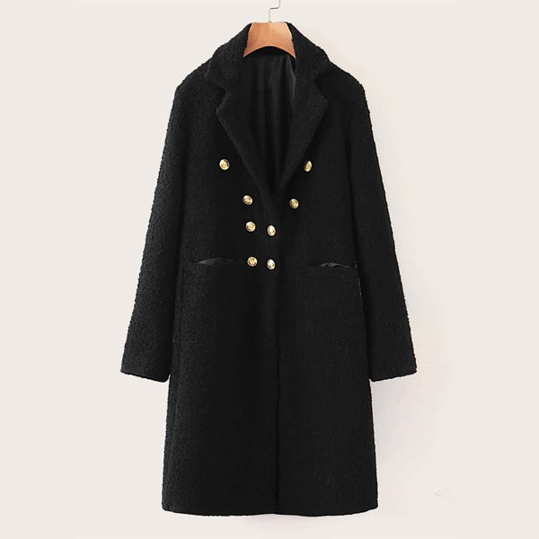 

Double Breasted Lapel Neck Solid Teddy Coat, Black