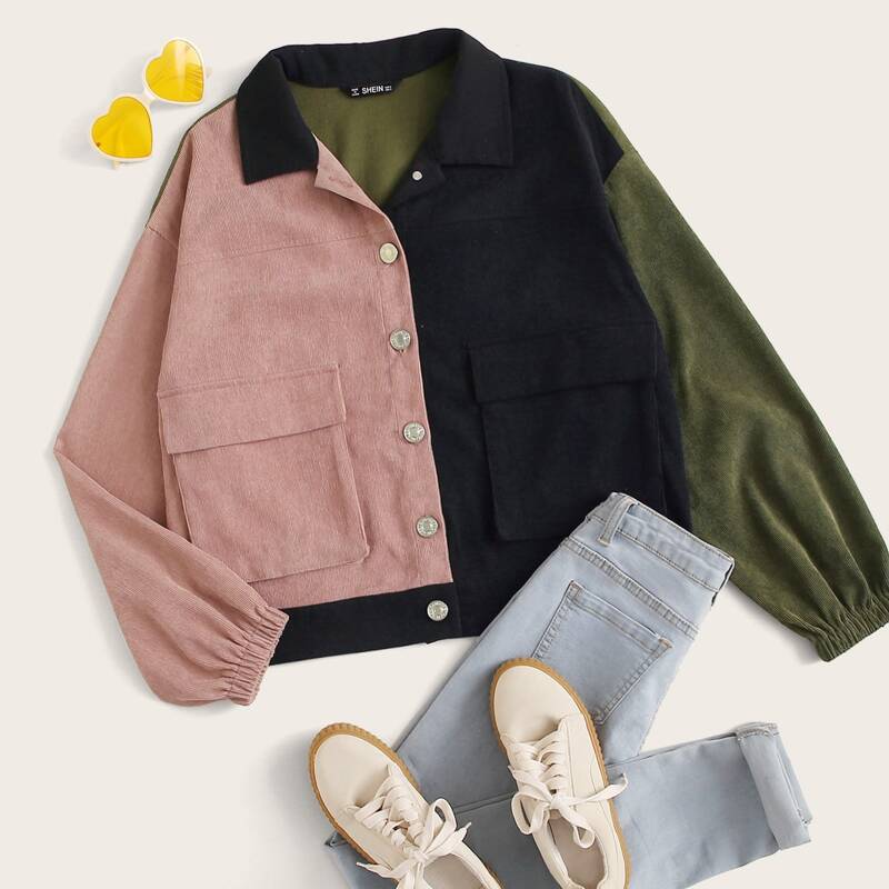 

Flap Pocket Color Block Cord Jacket, Multicolor