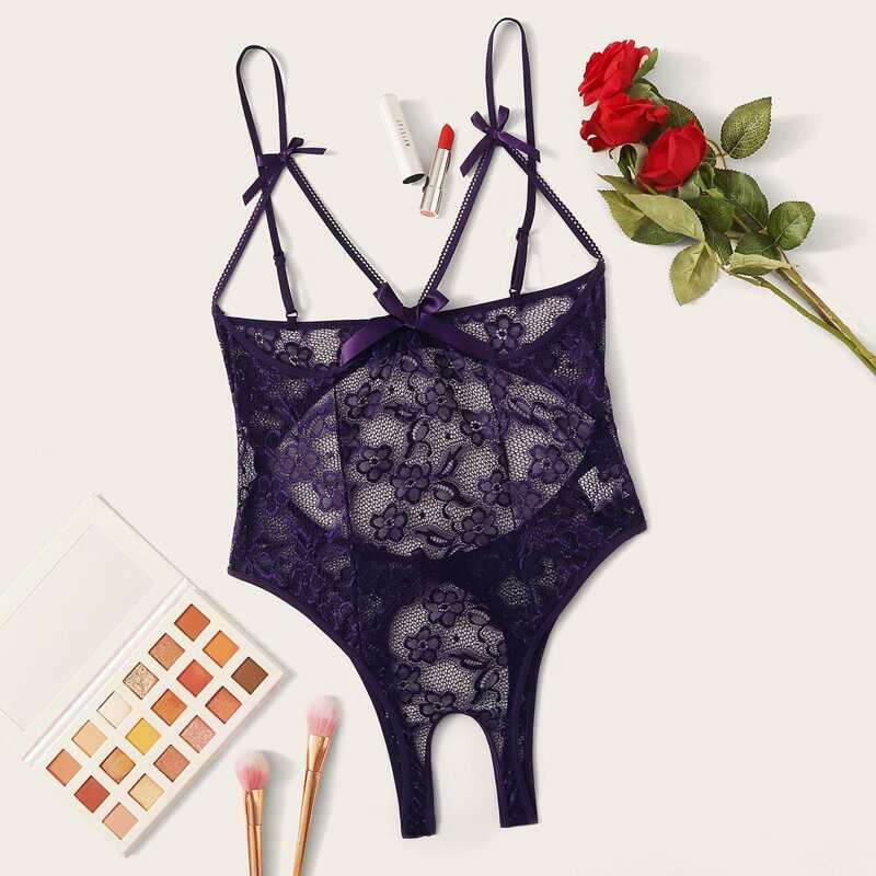 

Floral Lace Crotchless Teddy Bodysuit, Purple