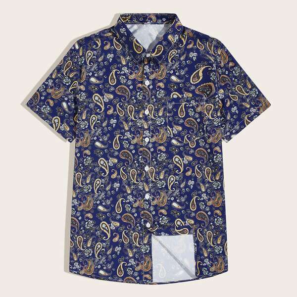 

Men Allover Paisley Print Button Up Shirt, Navy