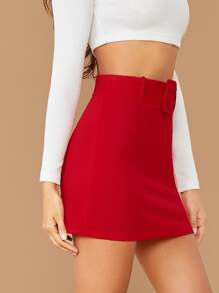 SHEIN Privé Buckle Belted Solid Skirt - Red - View 3