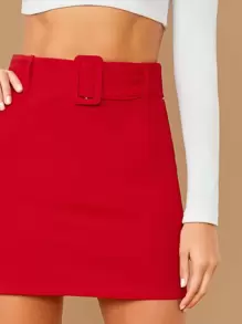 SHEIN Privé Buckle Belted Solid Skirt - Red - View 4