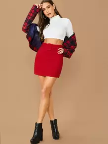 SHEIN Privé Buckle Belted Solid Skirt - Red - View 5
