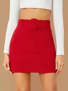 SHEIN Privé Buckle Belted Solid Skirt - Red - View 1