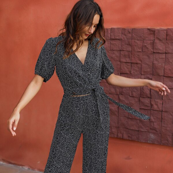 

Dalmatian Print Knot Hem Top & Pants Set, Black and white