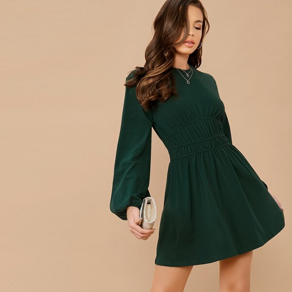 

Ruched Elastic Waist Long Sleeve Skater Dress, Green