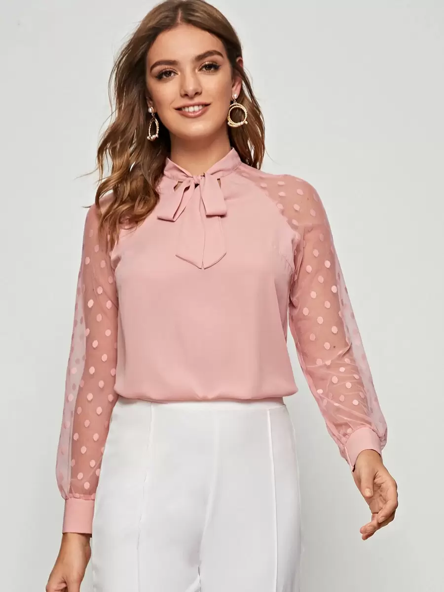 SHEIN Privé Tie Neck Dobby Mesh Raglan Sleeve Top - Baby Pink - View 1