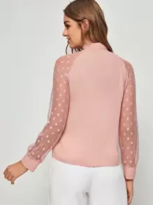 SHEIN Privé Tie Neck Dobby Mesh Raglan Sleeve Top - Baby Pink - View 2