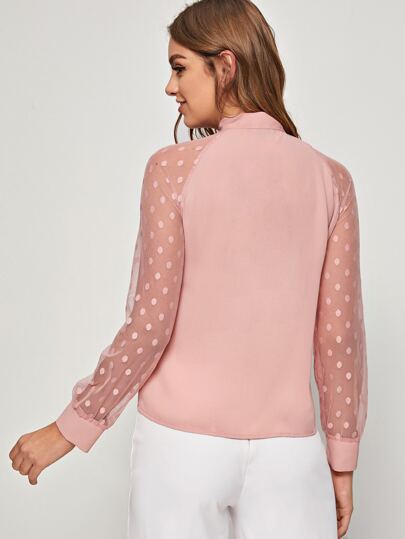 Tie Neck Dobby Mesh Raglan Sleeve Top