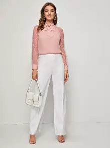 SHEIN Privé Tie Neck Dobby Mesh Raglan Sleeve Top - Baby Pink - View 4