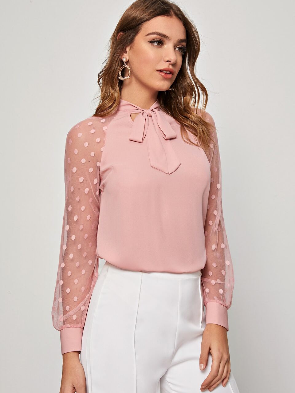 Tie Neck Dobby Mesh Raglan Sleeve Top