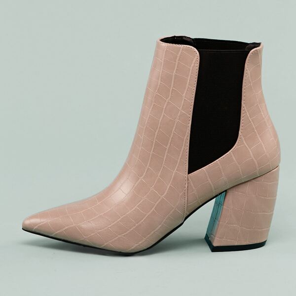 

Pointed Toe Side Gore Block Heel Crocodile Booties, Pink