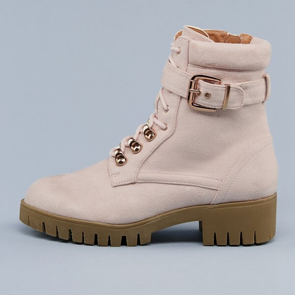 

Lace Front Buckle Detail Lug Sole Hiking Boots, Baby pink