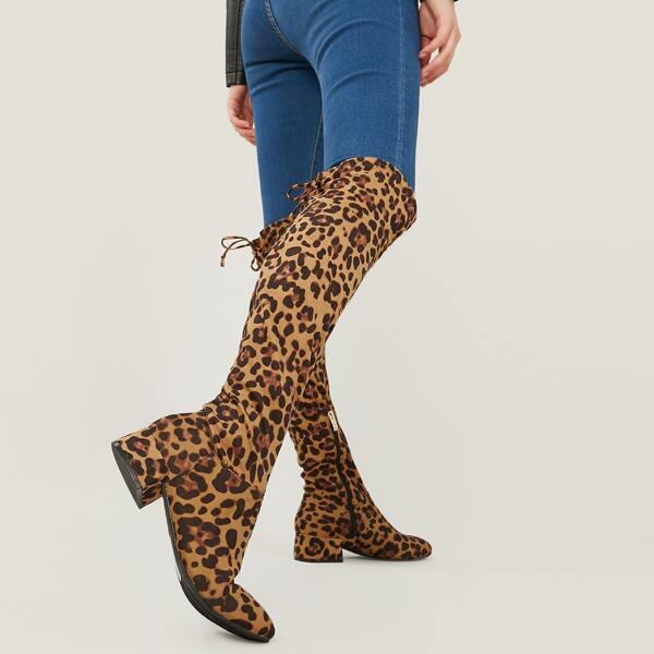 

Leopard Thigh High Round Toe Low Block Heel Boots, Multicolor