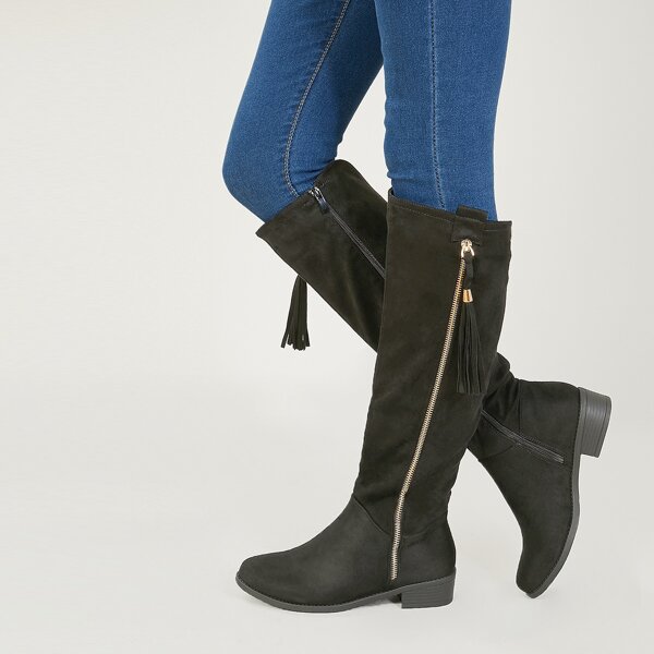 

Tassel Zipper Knee High Low Stacked Heel Boots, Black