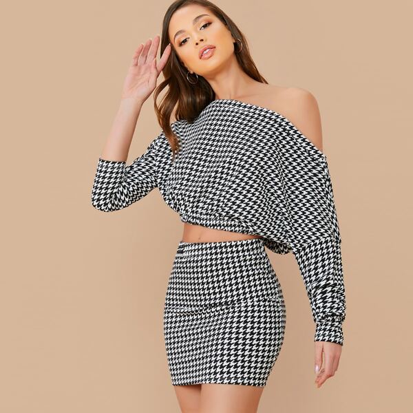 

Houndstooth Off Shoulder Top And Mini Skirt Set, Black and white