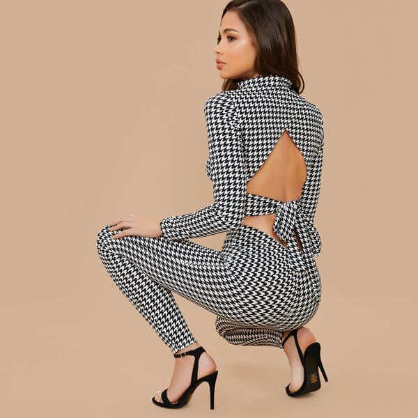 

Houndstooth Open Back Crop Top And Skinny Pants, Black and white