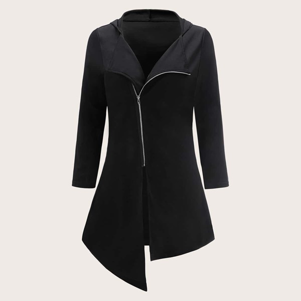 

Plus Asymmetrical Hem Zip Up Hooded Coat, Black
