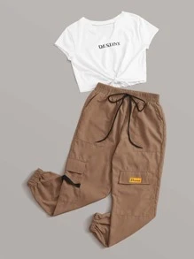 Mulvari 字母圖案t恤帶抽繩腰工裝褲子 - 彩色 - 查看 3