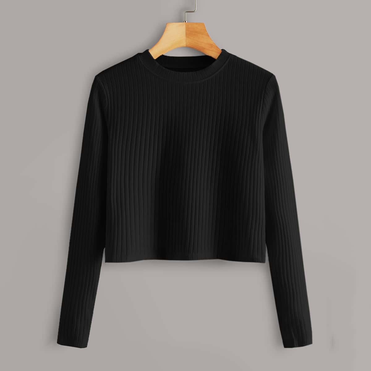 

Solid Long Sleeve Crop Ribbed Tee, Black