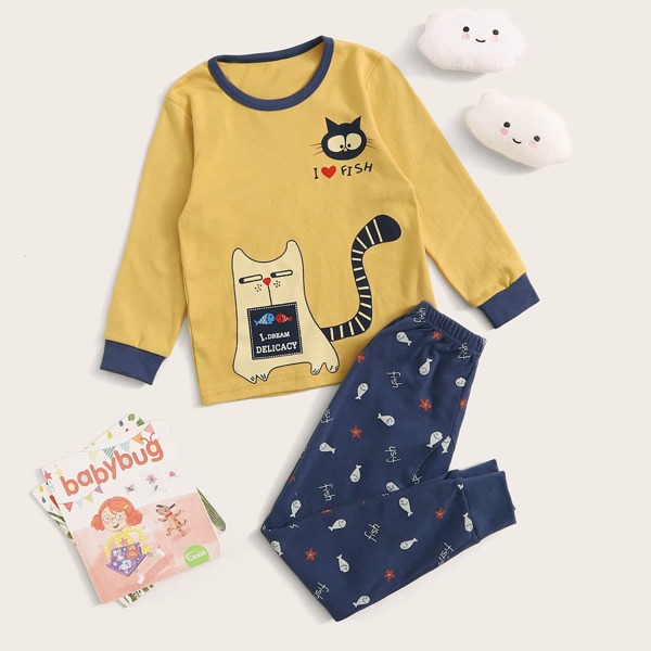 

Toddler Girls Cartoon Cat Print PJ Set, Multicolor