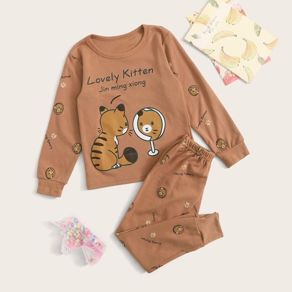 

Toddler Girls Cartoon Cat Print PJ Set, Brown