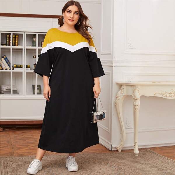 

Plus Drop Shoulder Chevron Colorblock Dress, Black