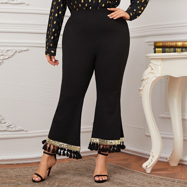 

Plus Sequin Tape Tassel Hem Flare Leg Pants, Black
